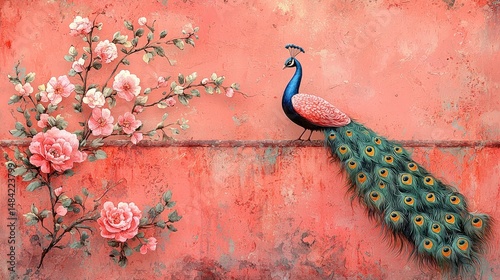 Peacock and Pink Roses on a Coral Wall