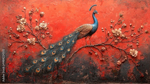 Majestic Peacock Adorned in Red Blossoms
