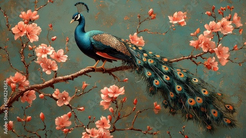 Majestic Peacock Perched Amidst Blooming Peach Blossoms