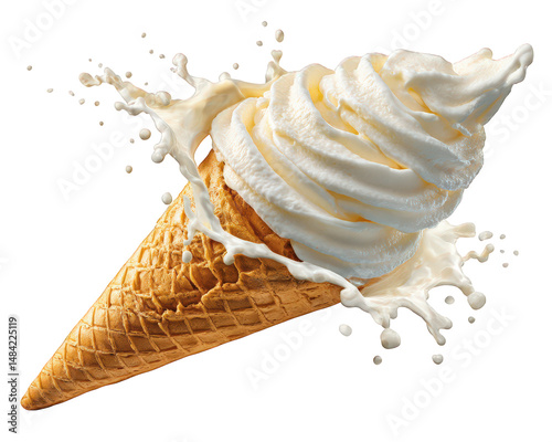 Creamy ice cream cone tipped over, splashing delightful creamy goodness everywhere, creating fun and messy scene. This captures joy of indulgence and playful nature of desserts
