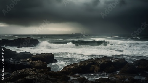 Stormy ocean waves crashing on rocky shore. (2)