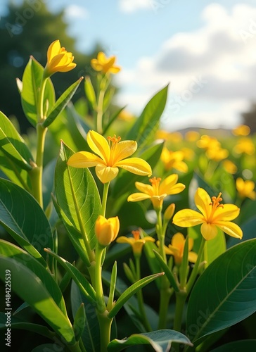 High-resolution nature photography: Sunlit bright yellow flowers against lush green foliage with golden glow and blue sky, ideal for digital backgrounds, nature-themed designs, website banners, social