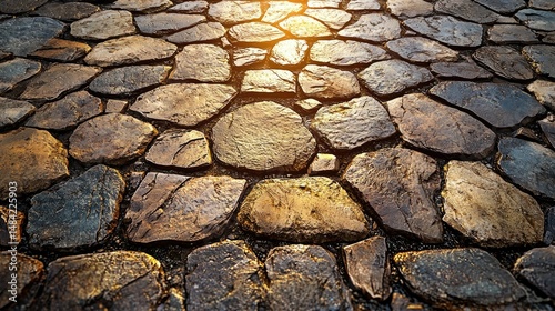 Golden Light Illuminates Wet Cobblestone Pavement