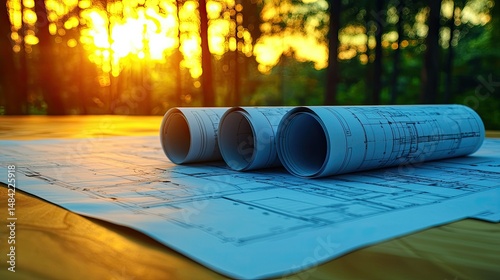 Architectural Blueprints Resting Outdoors at Sunset