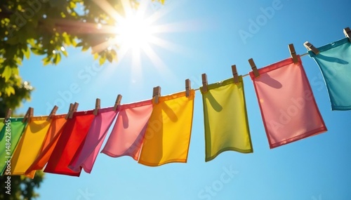 Bright sun illuminates colorful laundry flapping gently on a clothesline , whimsical, line