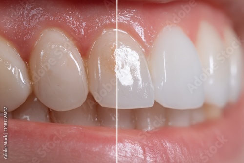 Close-up of teeth before and after whitening treatment.