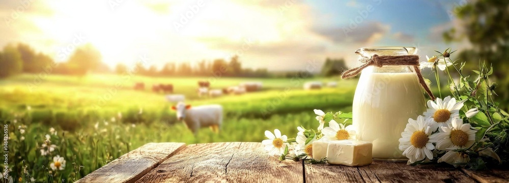 Fototapeta premium Enchanting dairy farm scene showcasing lush grasslands and livestock.