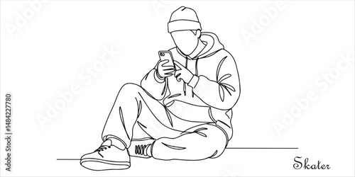 Skater sitting and using a smartphone continuous single line art drawing sketch on white background