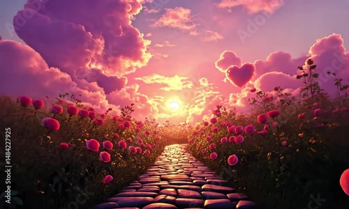 Valentine’s abstract background with flowers and butterflies - AI