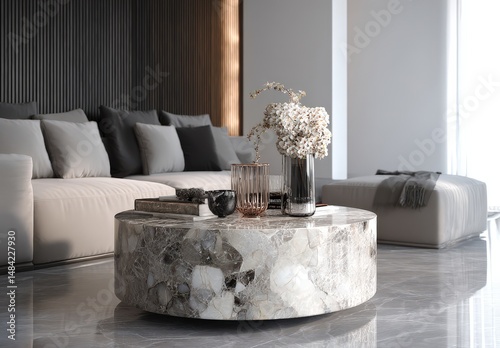 Elegant modern living room with marble coffee table.