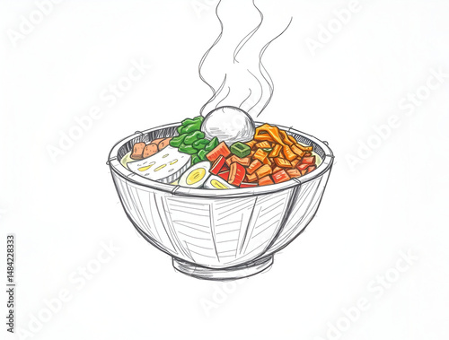 An illustration of a steaming bowl of delicious food with various colorful toppings, including boiled eggs, green vegetables, and spices. 