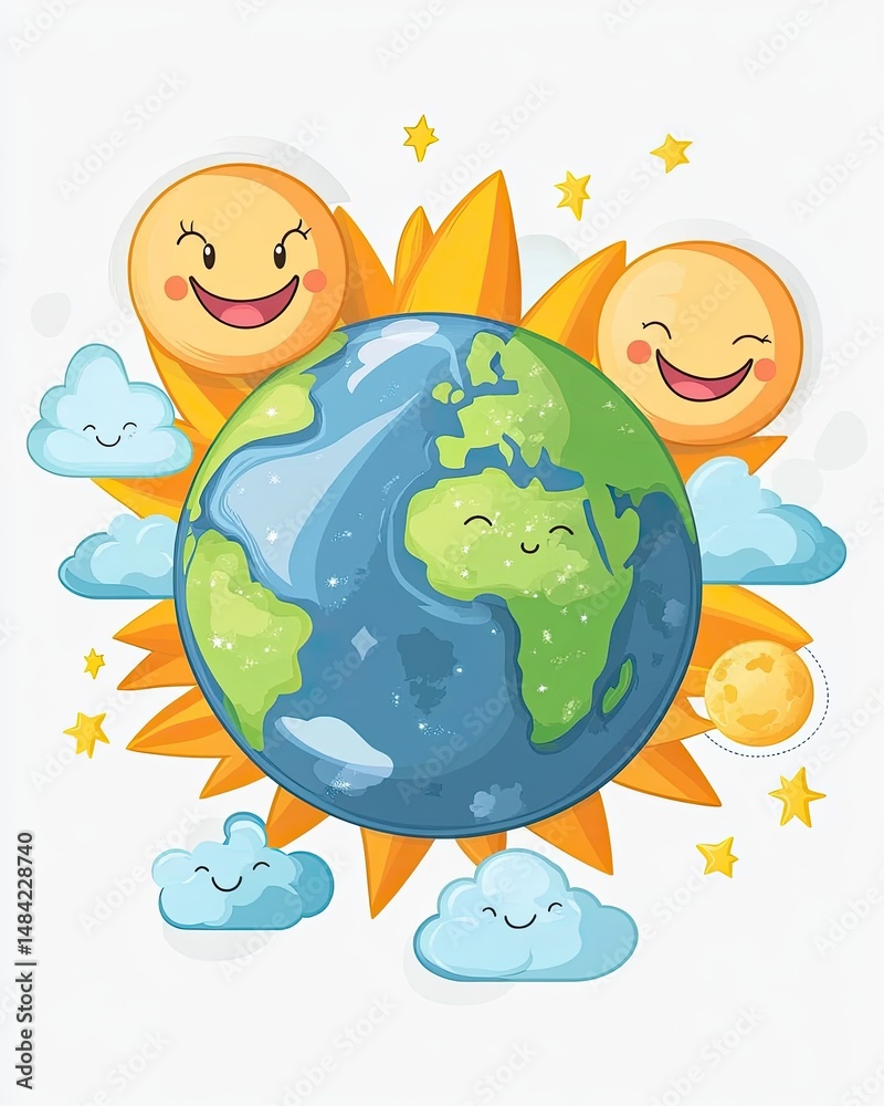 Fototapeta premium Smiling sun and earth, a cheerful cosmic display.