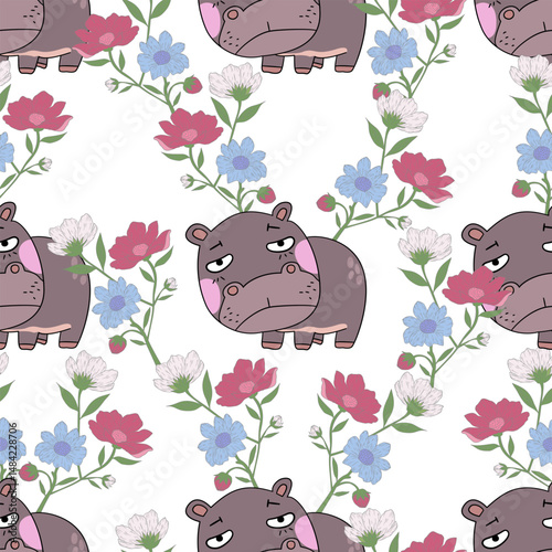 Cartoon hippo with flowers, white isolate background