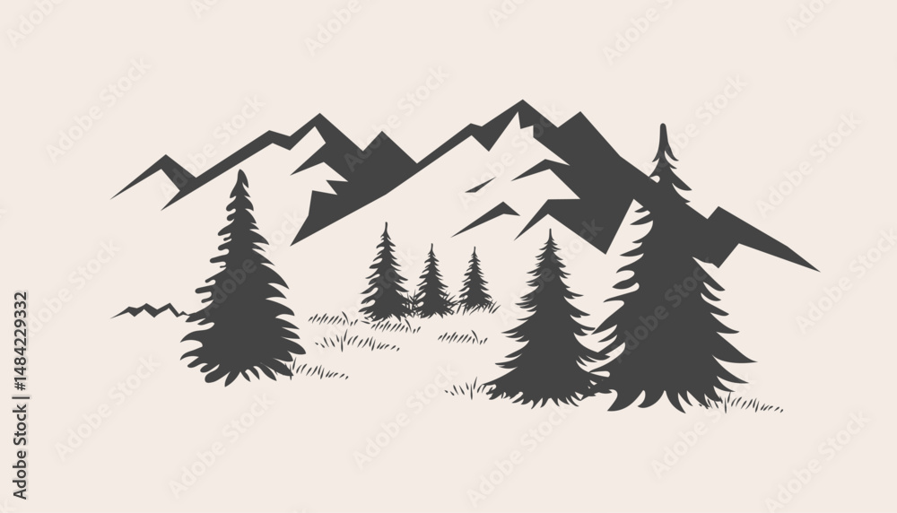 Fototapeta premium A monochromatic vector illustration of a mountain range and a pine tree forest. Ideal for logos, emblems, and outdoor adventure or travel branding.