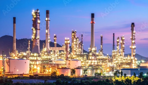 Illuminated Industrial Landscape Oil Refinery Complex at Twilight with Mountain Backdrop