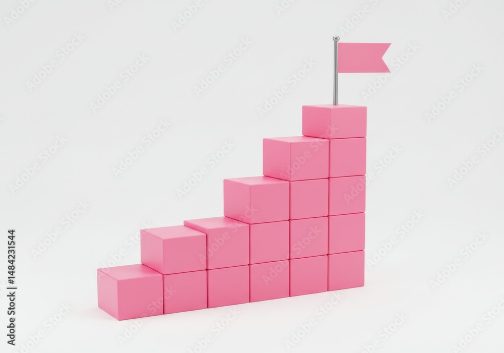 A stack of pink cubes arranged like stairs with a pink flag on the top cube A stack of pink cubes arranged like stairs with a pink flag on the top cube