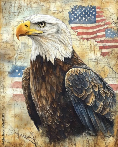 Majestic bald eagle portrait, American flag backdrop