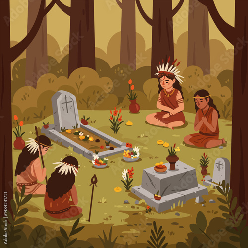 Group Paying Respects at Graveside in Forest Illustration Concept