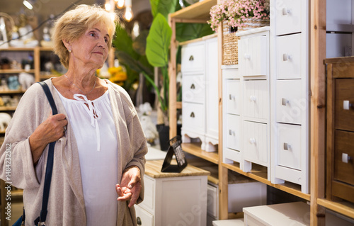 Portrait of positive elderly woman at shopping at household store photo