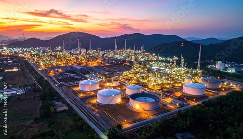 Spectacular Night View of Petrochemical Plant Illuminating the Twilight Sky with Complex Structures