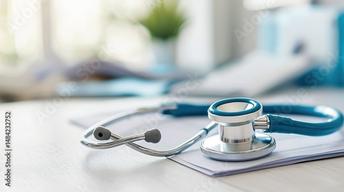 A blue stethoscope with a white background and a green plant in the background.