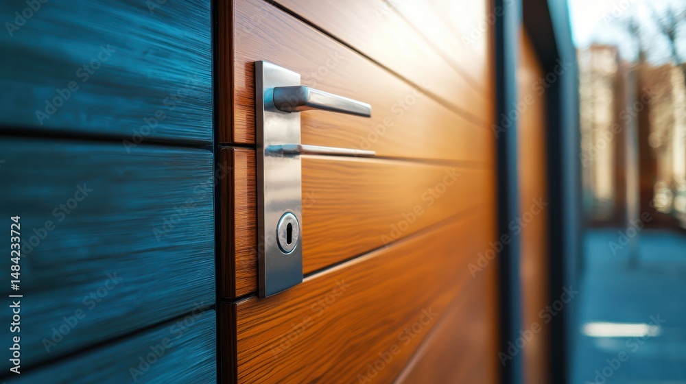 A modern, sleek door with a metallic handle and a wooden panel, set against a blurred urban background. A modern, sleek door with a metallic handle and a wooden panel, set against a blurred urban background.