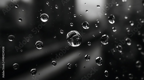 Raindrops captured on windowpane urban setting black and white photography moody atmosphere close-up view nature's beauty