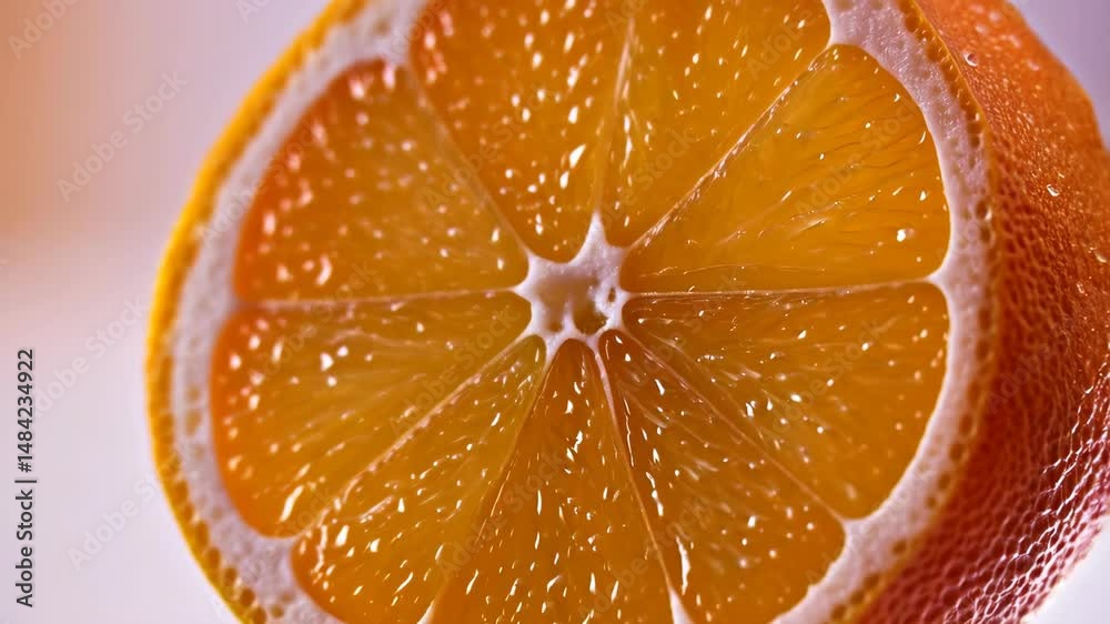 Radiant orange fruit cross section showing pulp segments, rind texture, white pith and drops of juice in vibrant color