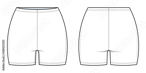 Fitted Biker Shorts Technical Fashion Illustration. Basic Mid-Thigh Leggings Vector Template. Front and Back View. Comfortable Fit. Seam Detail. Women’s Activewear. CAD Mockup Set.