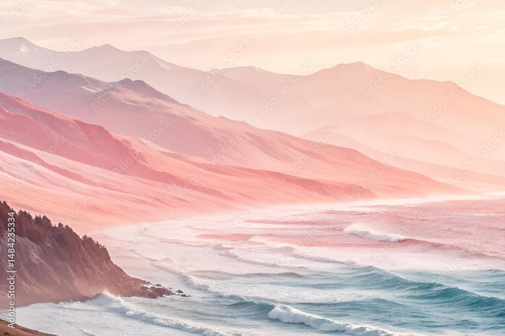 Fototapeta premium Impressionistic Coastal Landscape with Pastel Sky, Mountains, and Gentle Ocean Waves