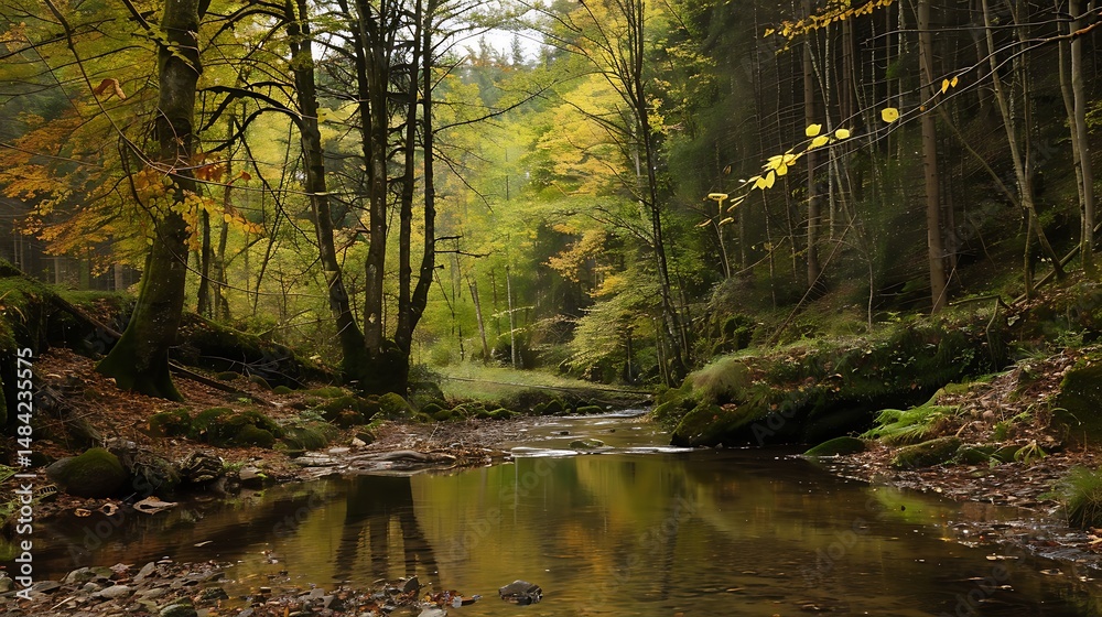 Fototapeta premium Forest Stream Scene Featuring Sunlight Through Trees and Calm Water Surface