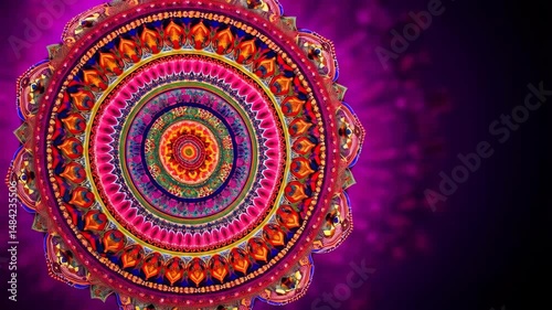 Intricate kaleidoscopic design with concentric circles and radiant colors on a purple background