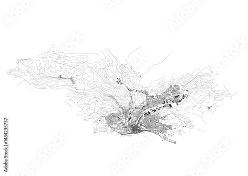 Schaffhausen 2D Map Vector - Black & White Highway & Building Layout (Minimalist Urban Plan)