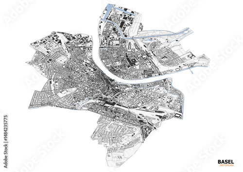 Basel City Vector Art - Highway & Urban Skyline (Black & White Aerial View)