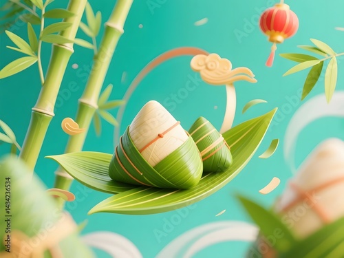 Dragon Boat Festival rice dumplings close-up, Chinese traditional food culture Dragon Boat Festival concept illustration