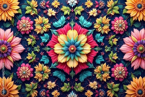 Intricate floral textile design, repeating motif , blossom, pattern, art