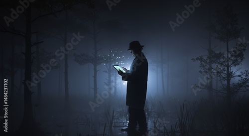 Eerie encounter: A mysterious figure uses technology in a foggy swamp at night