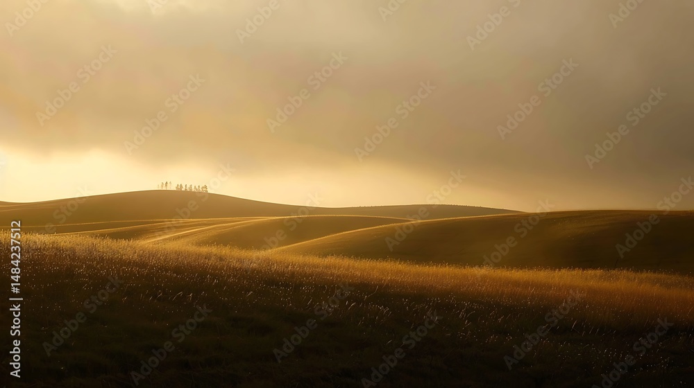 Obraz premium Golden Sunset Over A Grassy Field Featuring Silhouetted People And Cloudy Sky