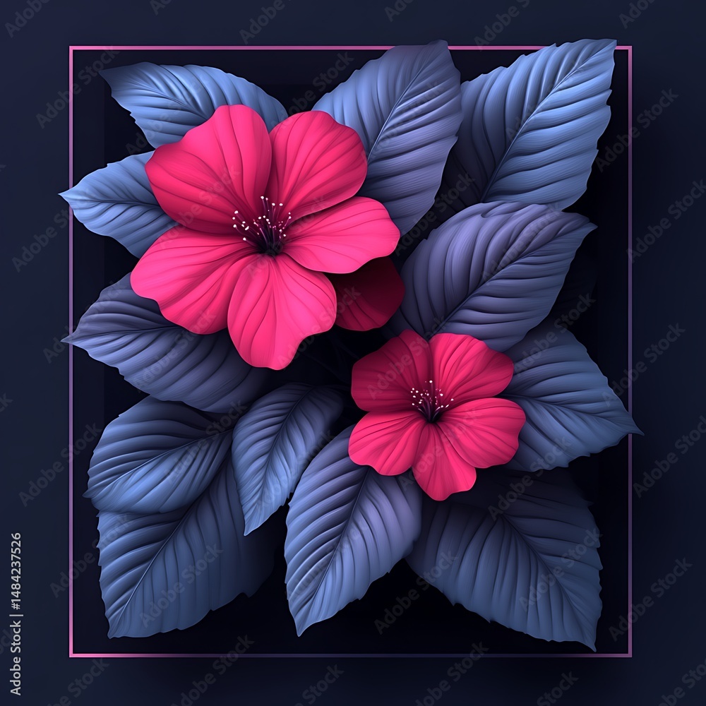 Obraz premium Vivid pink flowers nestled amongst dark blue-grey leaves, framed in a square