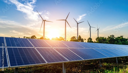 Sustainable future: solar panels and wind turbines harnessing renewable energy at sunset