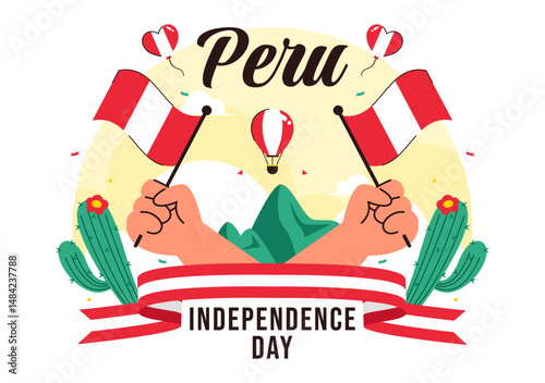 Happy Peru Independence Day Vector Illustration on july 28 Featuring a Waving National Flag and Decorative Ribbon in a Festive Background