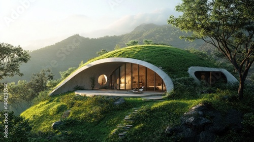 A dome-shaped earth house nestled into a hillside, harmonious with nature --ar 16:9 --v 6.1 Job ID: 91fbd052-fe57-441f-880b-39758a4f7feb