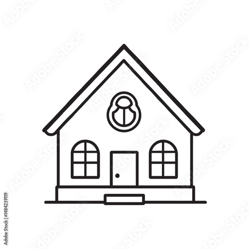 Black outlined house shows front door, two windows, and attic on transparent background