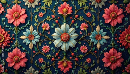 Wallpaper Mural Ornate floral damask, rich jewel tones, vintage feel, botanical, gold, wallpaper Torontodigital.ca