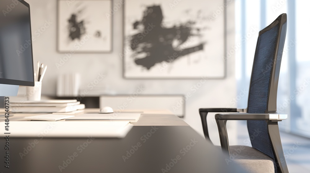 Fototapeta premium Modern workspace with ergonomic chair and abstract art, bathed in natural light. A blend of comfort and creativity in professional design.