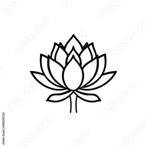 Black outlined lotus flower displays intricate petal arrangements in a minimalist style and transparent background