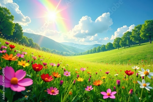 Sunlit meadow, myriad wildflowers beneath rainbow , floral, rainbow