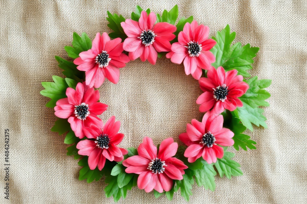 Fototapeta premium Decorative flower wreath arrangement on a natural fabric backdrop.