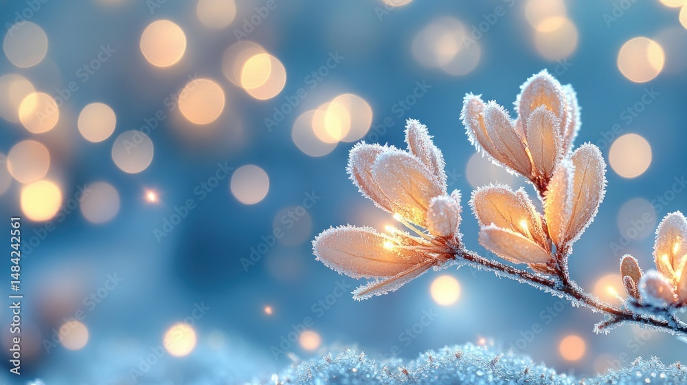 Obraz premium Frosty Branch Glowing in Winter Night Lights