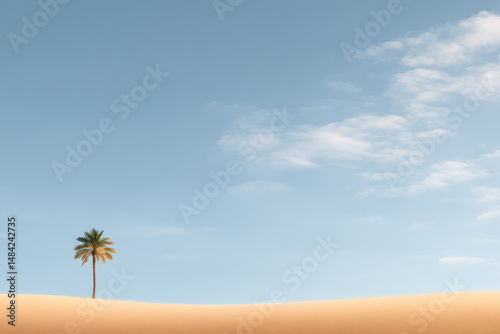 serene desert landscape featuring solitary palm tree under soft blue sky